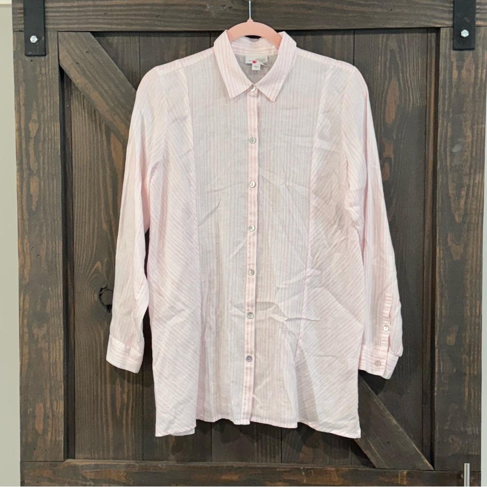 J Jill Love Linen Women’s Shirt‎ Striped Blouse Long Sleeve Top Pink Size Small